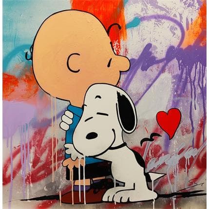 Peinture Snoopy in love par Mestres Sergi | Tableau Pop Art Mixte animaux, icones Pop