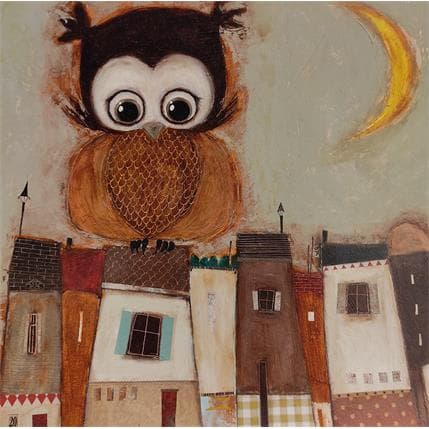 Painting Hibou lunaire by Penaud Raphaëlle | Painting Illustrative Mixed Animals