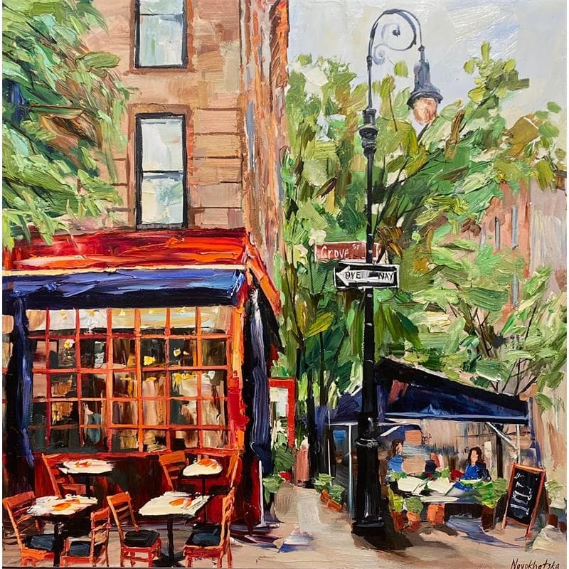 Peinture Café rouge à New York par Novokhatska Olga | Tableau Figuratif Huile scènes de vie, Urbain