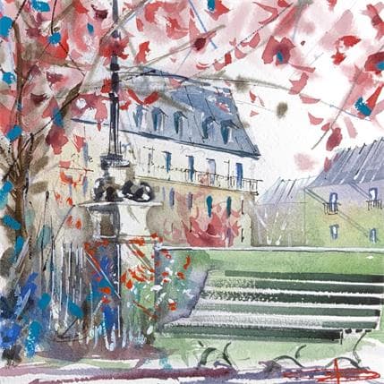 Peinture Les fleurs des bancs parisiens par Kévin Bailly | Tableau Figuratif Aquarelle Vues urbaines