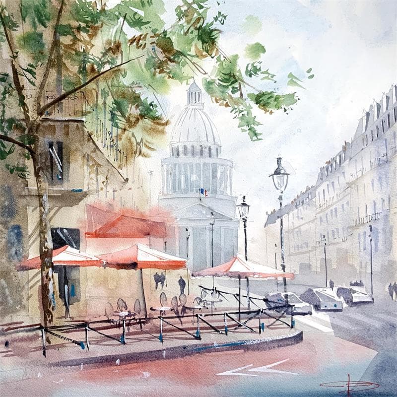 Peinture Café du Panthéon, Paris par Bailly Kévin  | Tableau Figuratif Urbain Aquarelle