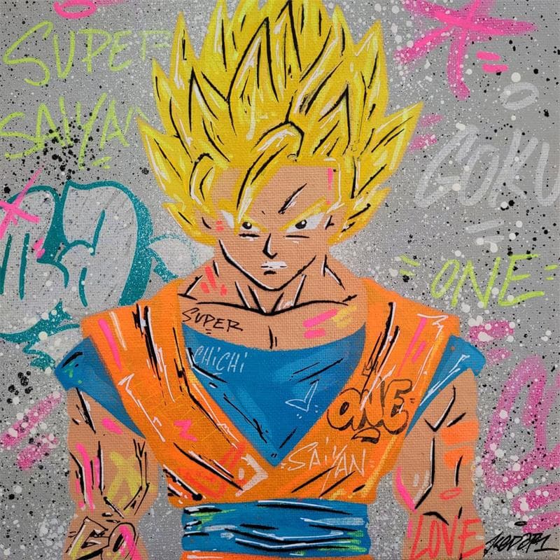 Peinture Goku SSJ2 par Kedarone | Tableau Street Art Mixte icones Pop