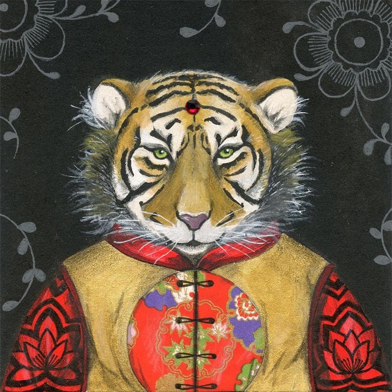 Painting Rubis tiger by Rebeyre Catherine | Painting Illustrative Mixed Animals