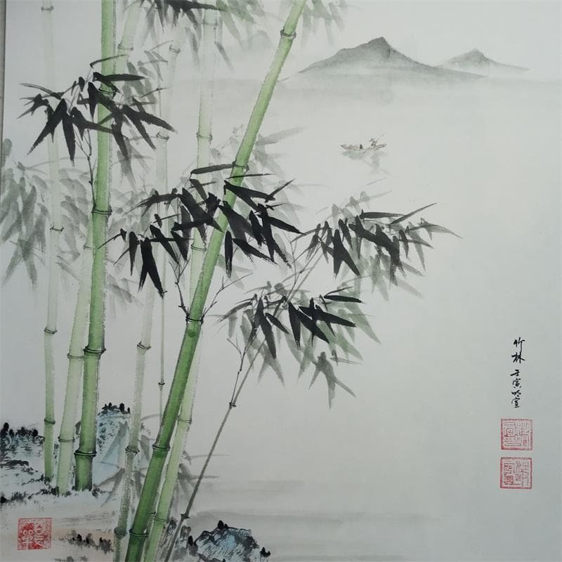 Painting Bamboos by the lake by Du Mingxuan | Painting Figurative Mixed Landscapes