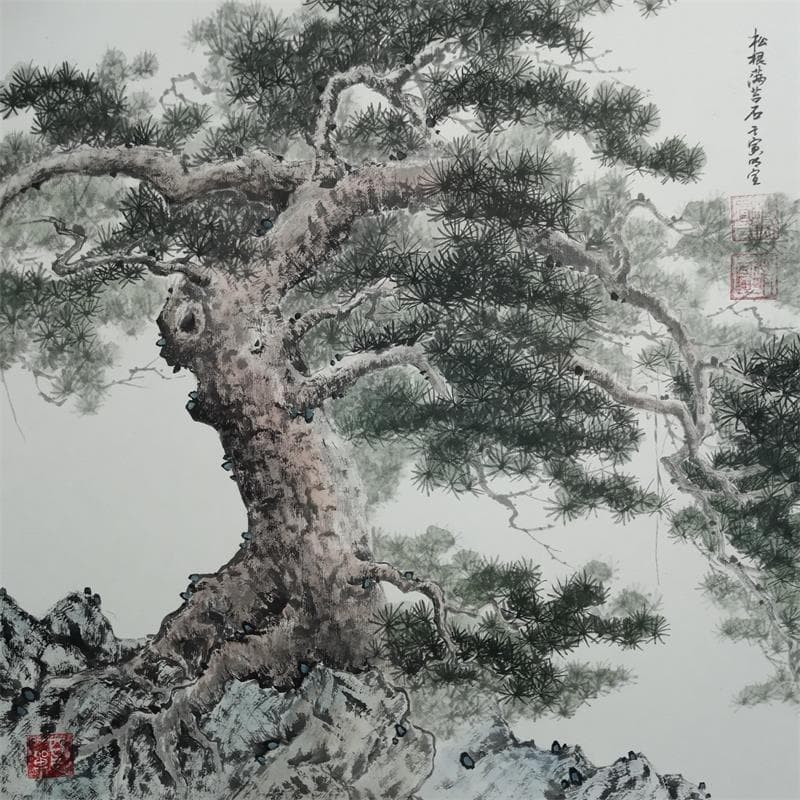 Gemälde Pine and rock von Du Mingxuan | Gemälde Aquarell