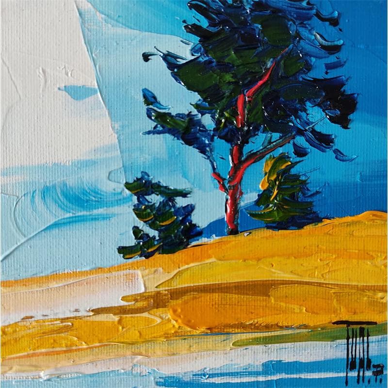 Peinture Le pin et la plage par Tual Pierrick | Tableau Figuratif Paysages Carton Huile