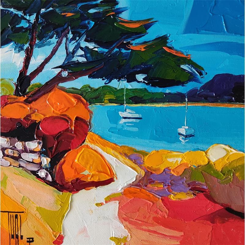 Gemälde Sentier côtier von Tual Pierrick | Gemälde Figurativ Landschaften Pappe Öl