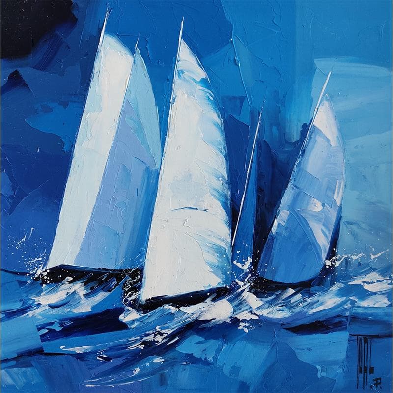 Painting Les voiles blanches  by Tual Pierrick | Painting Figurative Cardboard, Oil Marine