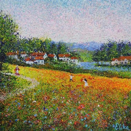Painting Champs de fleurs by Elika | Painting Figurative Mixed Landscapes, Life style