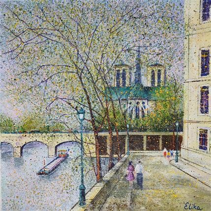 Peinture Balade vers Notre-Dame, Paris par Elika | Tableau Figuratif Mixte scènes de vie, Vues urbaines
