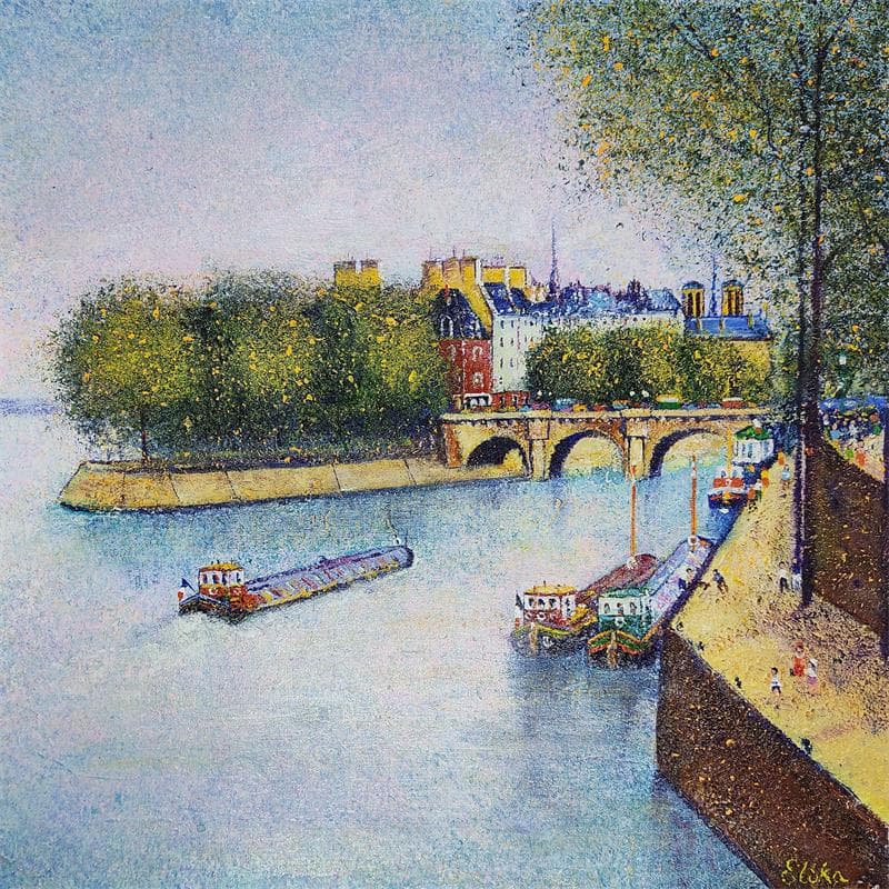 Painting Vue sur la Seine, Paris by Elika | Painting Figurative Mixed Urban Life style