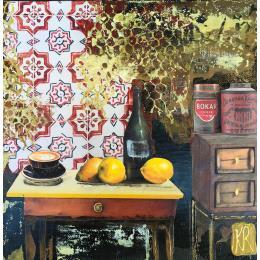 Gemälde Réconfort von Romanelli Karine | Gemälde Figurativ Collage Pop-Ikonen, Stillleben