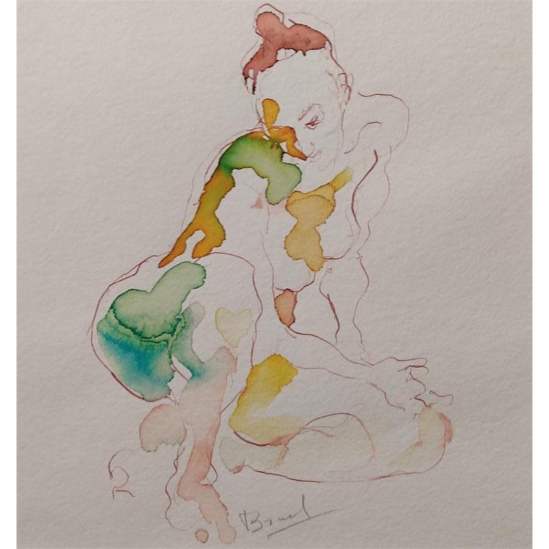 Painting charlotte accroupie by Brunel Sébastien | Painting Figurative Watercolor Nude