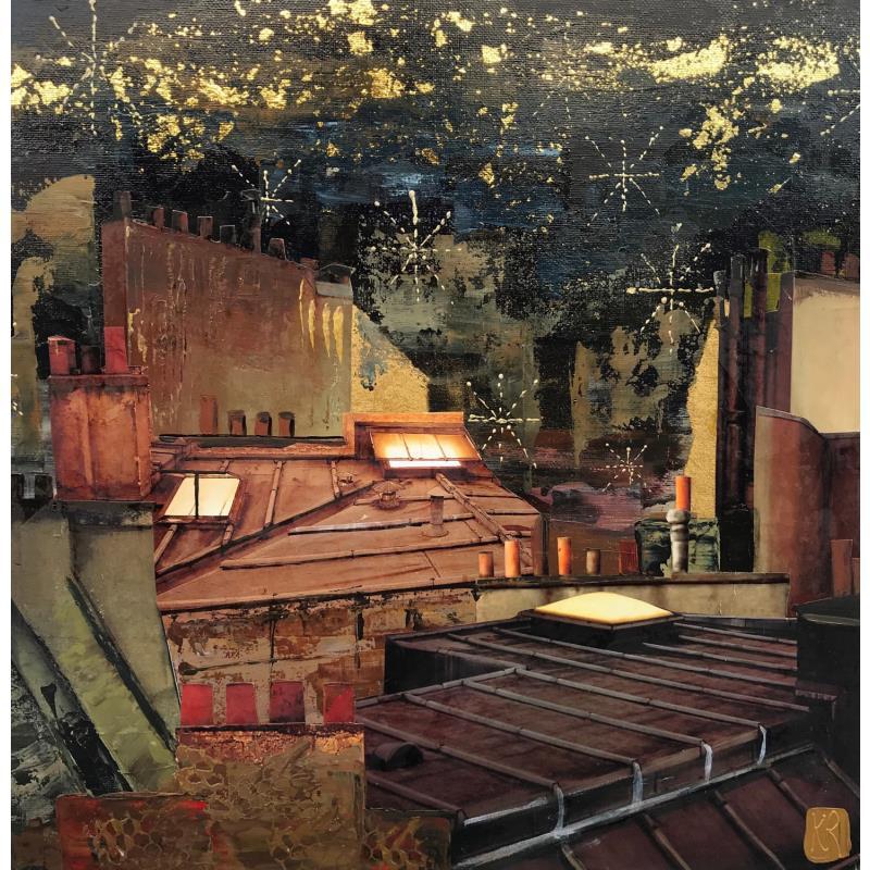 Peinture Derrière la lucarne par Romanelli Karine | Tableau Figuratif Collage Architecture, Urbain