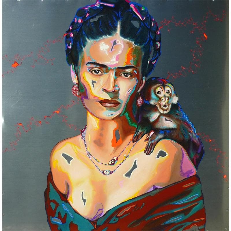 Gemälde Frida et son ouistiti  von Medeya Lemdiya | Gemälde Pop art Mischtechnik Öl Acryl Porträt