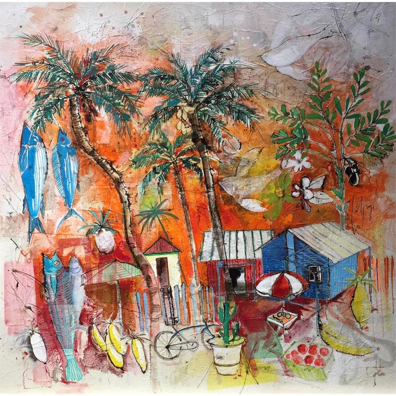 Painting Premier Soleil by Colombo Cécile | Painting Illustrative Mixed Landscapes