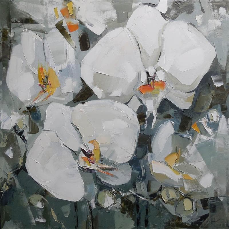 Painting White Orchid by Lunetskaya Elena | Painting Figurative Oil Landscapes
