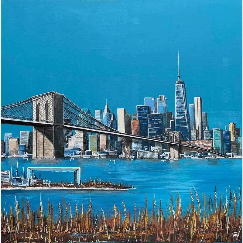 Peinture Le pont de Brooklyn sous le ciel bleu de l'hiver par Touras Sophie-Kim  | Tableau Figuratif Urbain