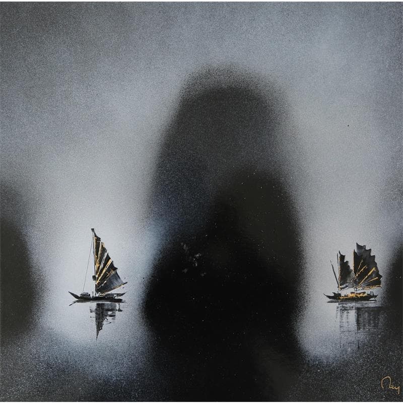 Painting Misty by Rey Julien | Painting Figurative Acrylic, Cardboard Black & White, Marine