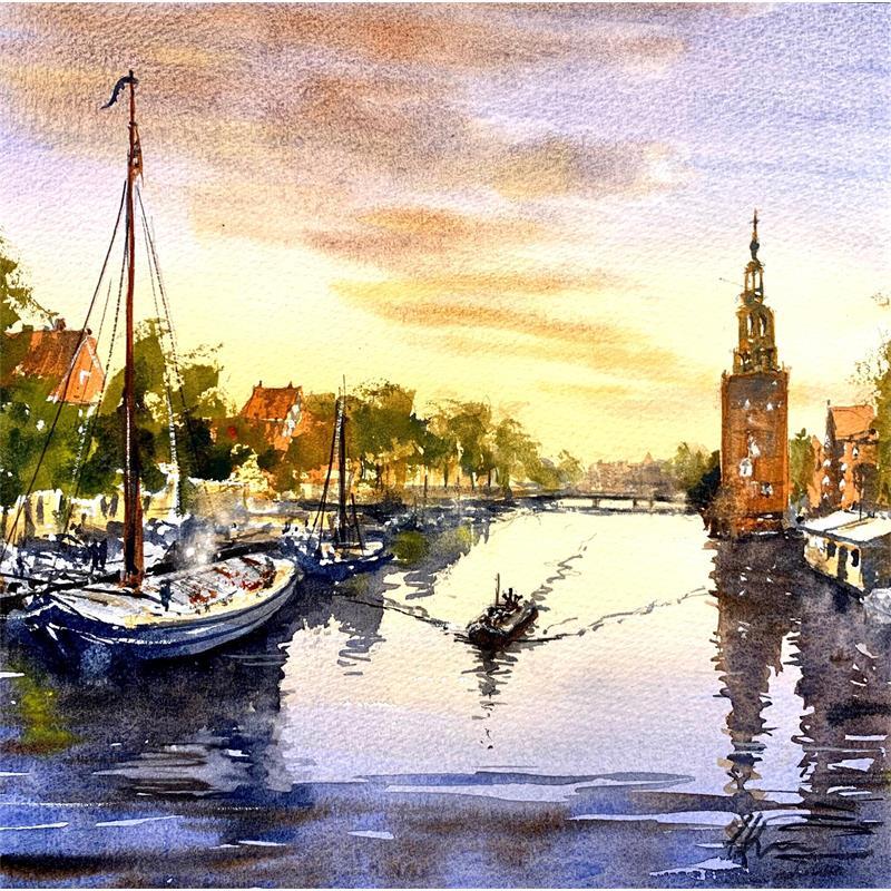 Gemälde Amsterdam evening von Jones Henry | Gemälde Aquarell