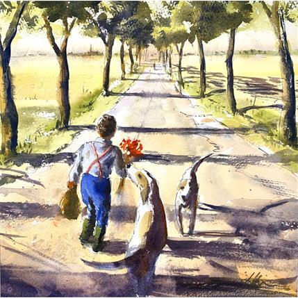 Peinture Garçon, fleurs et chiens  par Jones Henry | Tableau