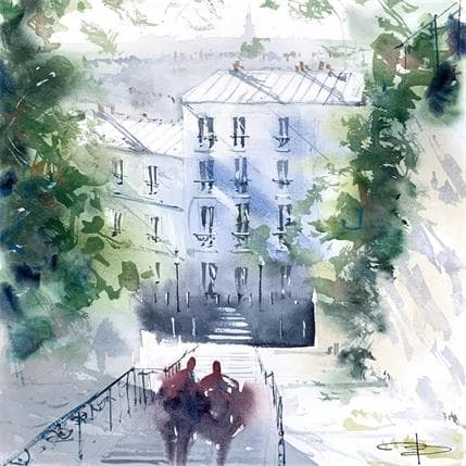 Painting Les escaliers de Montmartre by Kévin Bailly | Painting Figurative Watercolor Urban
