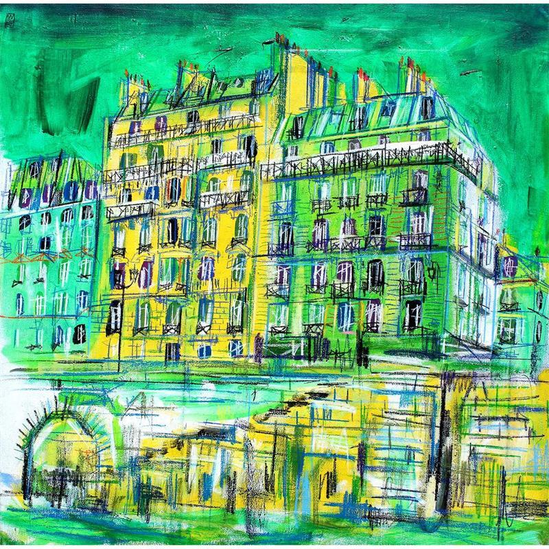 Peinture Quai de Seine par Anicet Olivier | Tableau Figuratif Acrylique Urbain