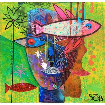 Gemälde La fleur et le poisson von Seb | Gemälde Art brut Acryl, Holz Porträt