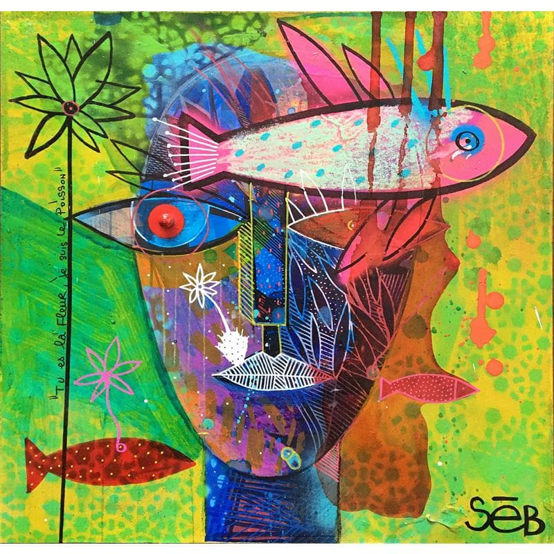 Painting La fleur et le poisson by Seb | Painting Raw art Portrait Wood Acrylic