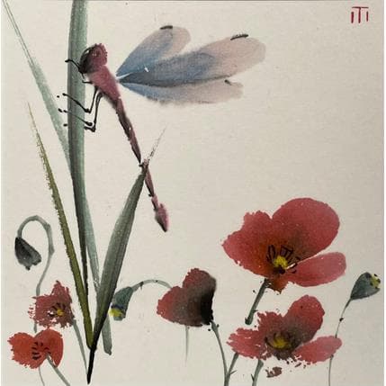 Peinture Dragon fluy and poppies par De Giorgi Mauro | Tableau Art Singulier Aquarelle, Mixte noir & blanc, Paysages