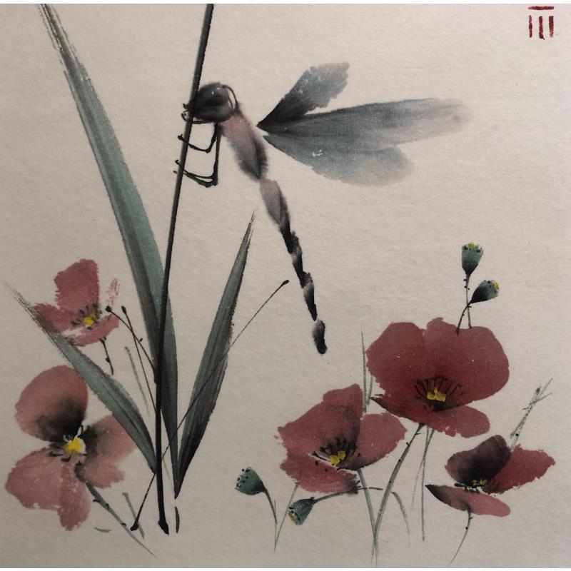 Gemälde Dragonfly and poppies von De Giorgi Mauro | Gemälde Figurativ Minimalistisch Tinte