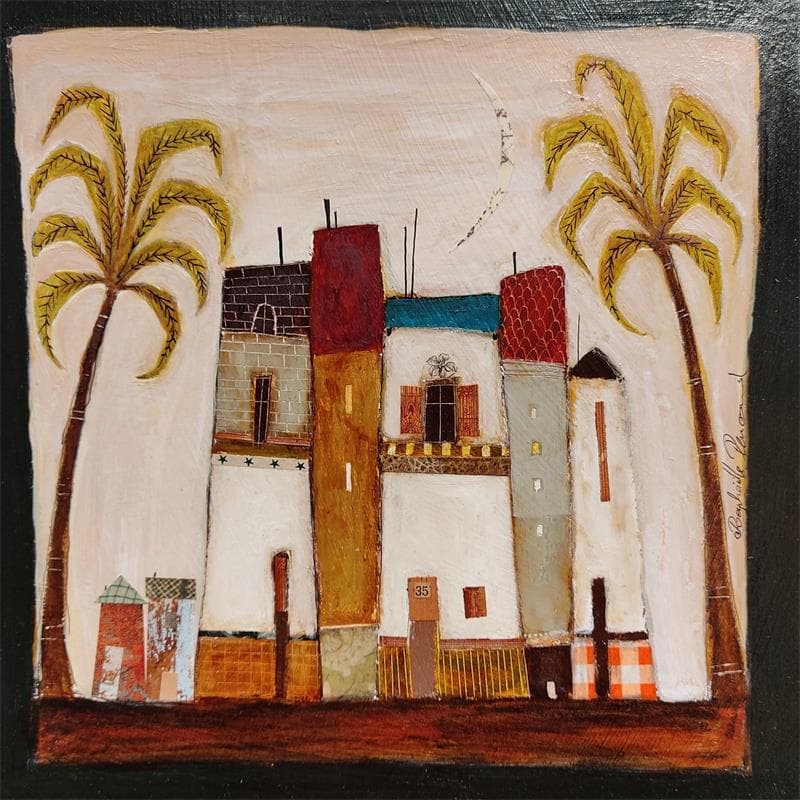 Painting 7 maisons et 2 palmiers by Penaud Raphaëlle | Painting Figurative Mixed Landscapes