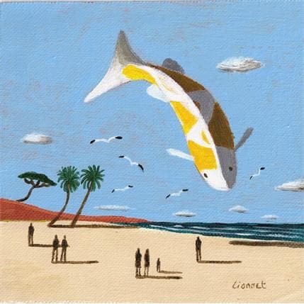Peinture Carpe sur la plage par Lionnet Pascal | Tableau Surréaliste Acrylique animaux, Paysages