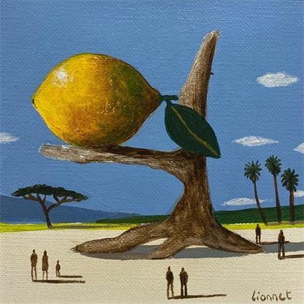 Peinture Citron perché par Lionnet Pascal | Tableau Surréaliste Acrylique natures mortes, Paysages