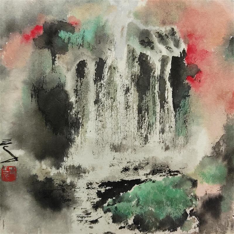 Peinture Beautiful waterfall  par Sanqian | Tableau Figuratif Mixte Paysages