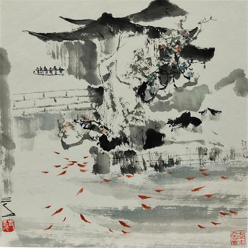 Peinture Watching Fish par Sanqian | Tableau Figuratif Paysages, scènes de vie