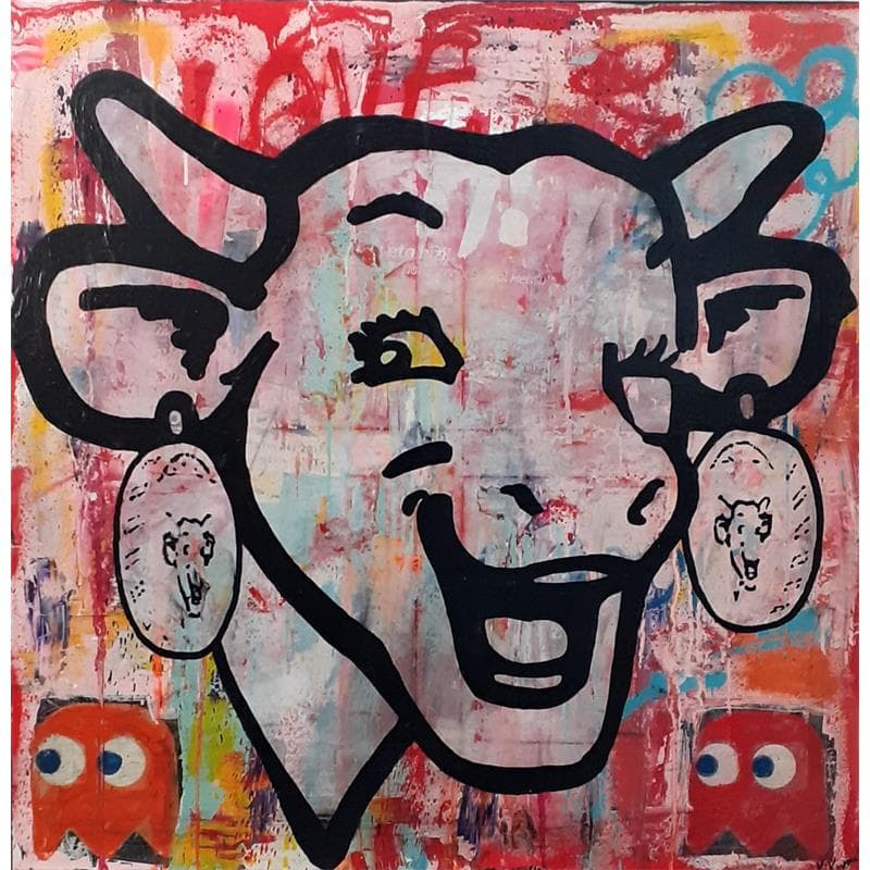 Peinture La vache qui rit Happy par Kikayou | Tableau Street Art Graffiti animaux
