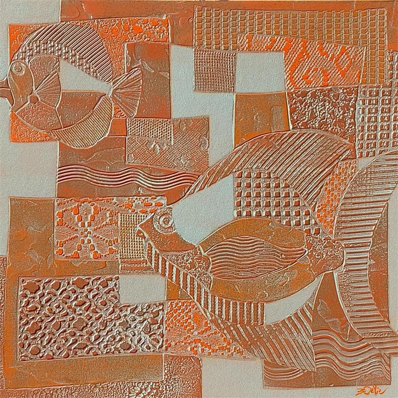 Painting 4a Poissons Cuivre et Orange by Devie Bernard  | Painting Subject matter Acrylic, Cardboard Animals