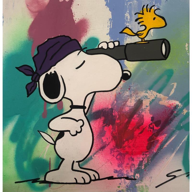 Painting Snoopy Pirate by Mestres Sergi | Painting Pop-art Cardboard, Graffiti Pop icons