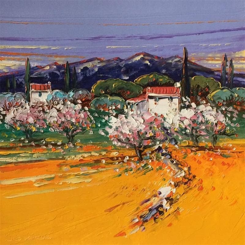 Painting Cerisiers en fleurs by Corbière Liisa | Painting Figurative Landscapes Cardboard Oil