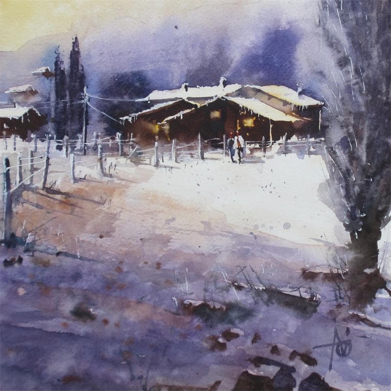 Painting Première neige en Pyrénées by Abbatucci Violaine | Painting Figurative Watercolor Landscapes