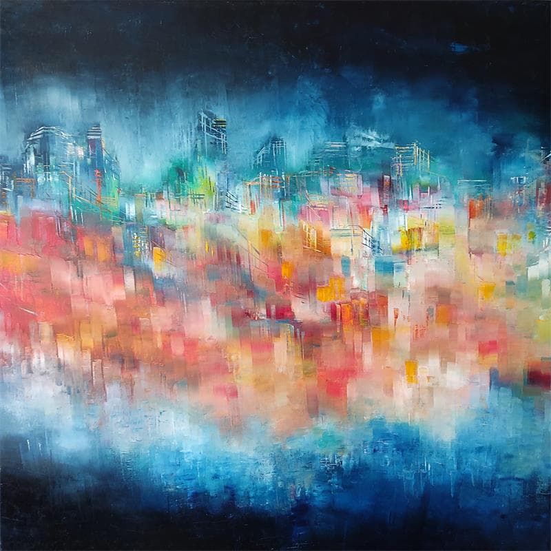 Painting La nuit tombe, les lumières s'allument by Levesque Emmanuelle | Painting Abstract Oil Urban
