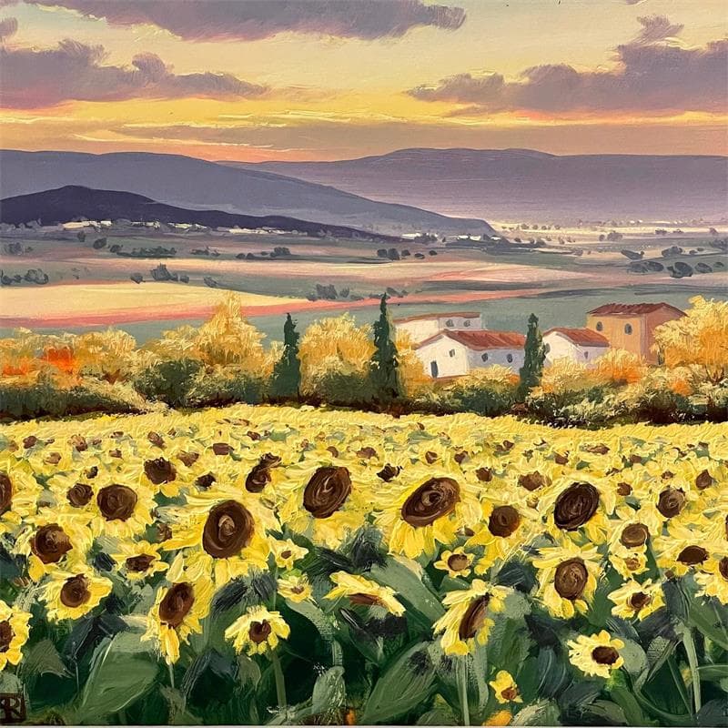 Painting Golden light of sunflowers by Requena Elena | Painting Oil