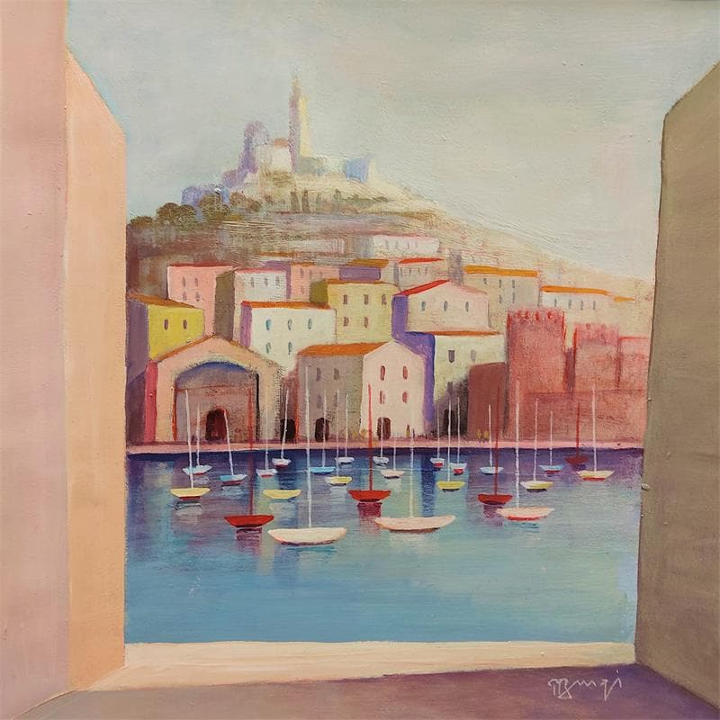 Painting AN224 Ouverture sur le port by Burgi Roger | Painting Figurative Landscapes Urban Marine Acrylic