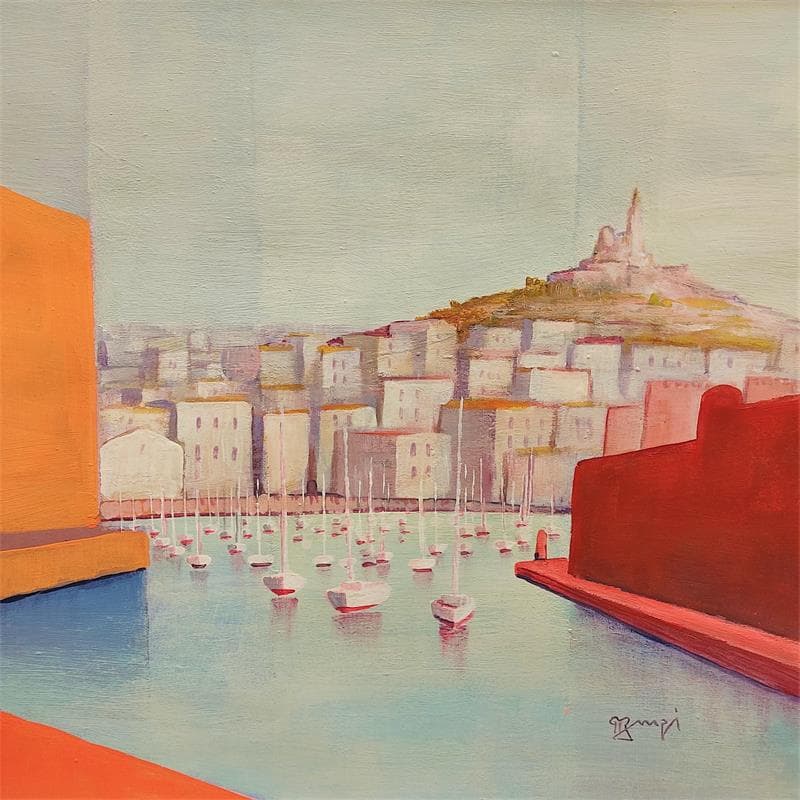 Painting AN225 L'entrée du port by Burgi Roger | Painting Figurative Acrylic Landscapes Urban Marine
