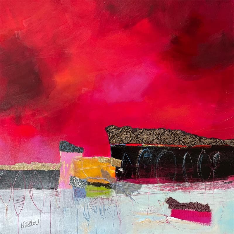 Painting La petite barque rose by Lau Blou | Painting Abstract Acrylic, Cardboard Landscapes, Life style