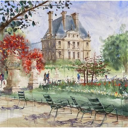 Painting Les chaises du Luxembourg by Kévin Bailly | Painting Figurative Watercolor Landscapes