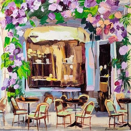 Peinture Café aux fleurs violettes par Novokhatska Olga | Tableau Figuratif Huile Vues urbaines