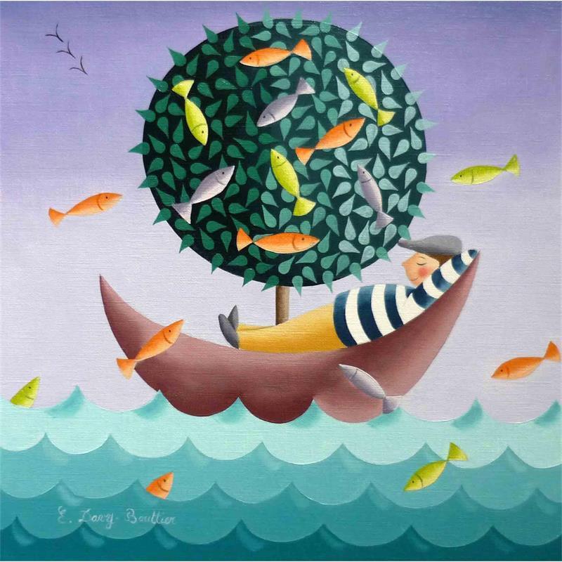 Gemälde Une pêche miraculeuse von Davy Bouttier Elisabeth | Gemälde Naive Kunst Alltagsszenen Öl