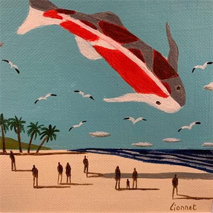 Painting Carpes dans le ciel by Lionnet Pascal | Painting Surrealist Acrylic Animals